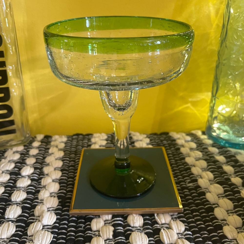 Green Rimmed Bubble Glass Goblet Margarita